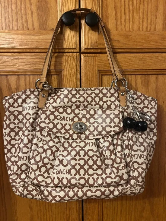 Coach Logo Shoulder Tote in Beige and Brown - Picture 2 of 7